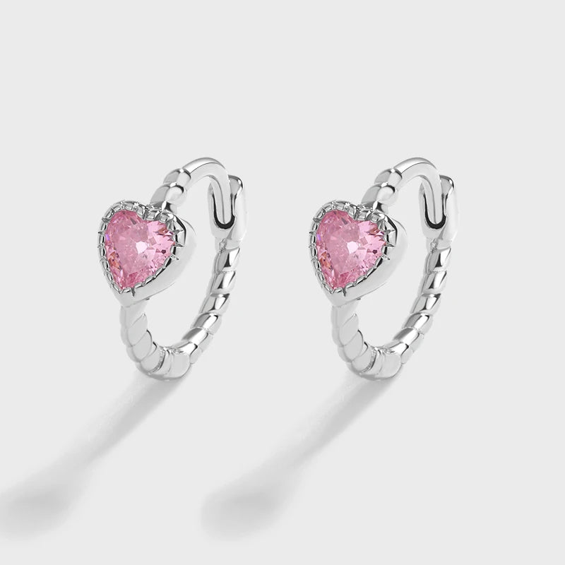 Heart Shape Pink Stone Earrings Full Diamond Silver Anniversary Gift