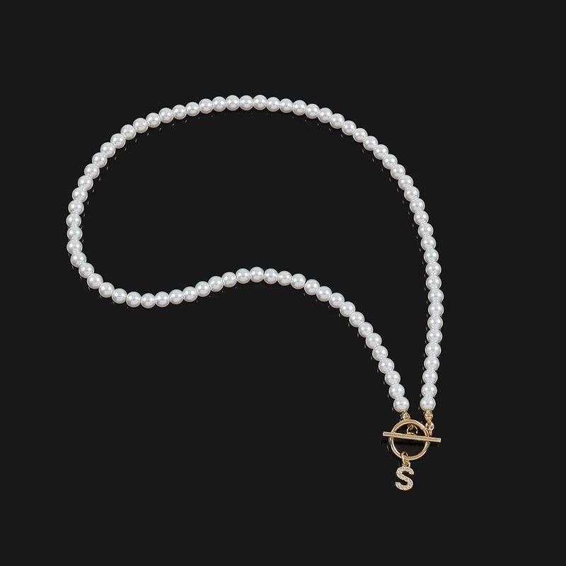 Classic Initial Necklace A-Z Letter Pendant 6mm Pearls Necklace For Women