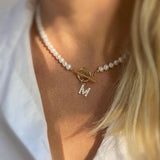 Classic Initial Necklace A-Z Letter Pendant 6mm Pearls Necklace For Women