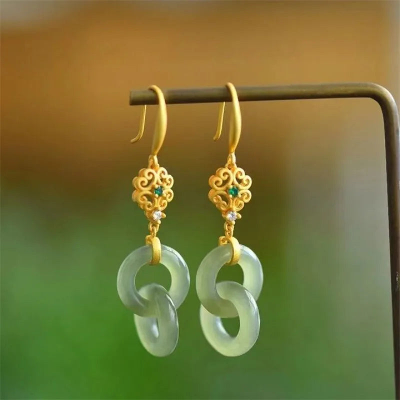 Interlocking Green Jade Earrings for Women