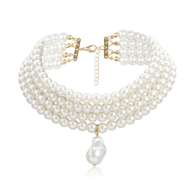 Layered Strand Round Pearls Beads Choker Necklace for Women