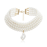 Layered Strand Round Pearls Beads Choker Necklace for Women