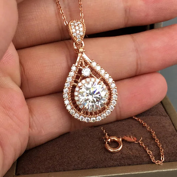 925 Silver Necklace w/ Oval Zircon Pendant for Women's Wedding