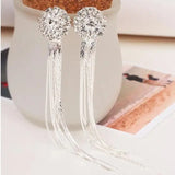 Bridal Rhinestone Tassel Clip Earrings for Women