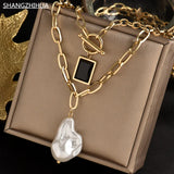 Titanium Steel Pearl Pendant Necklace for Women's Gothic Sweater Chain