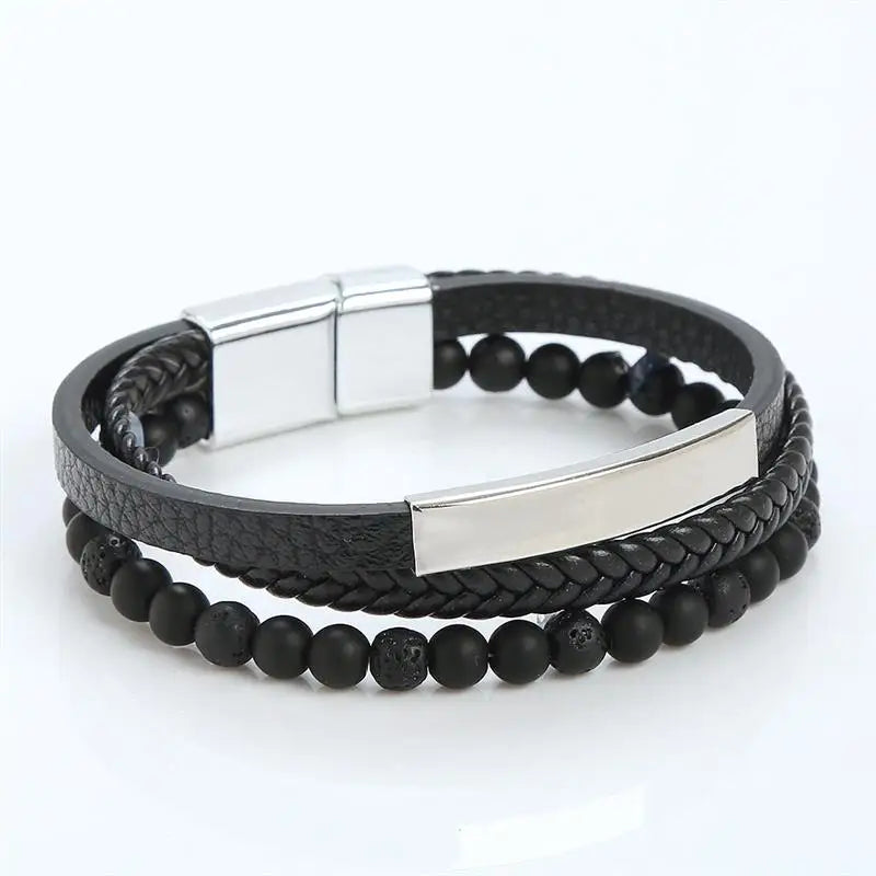 Men's Leather Bracelet Stainless Steel Multilayer Bead Combo