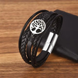 Men's Leather Bracelet Punk Stainless Steel Magnet Bangle 3 Colors