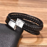 Men's Leather Bracelet Punk Stainless Steel Magnet Bangle 3 Colors