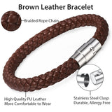 Men's Leather Bracelet Brown Braided Stainless Steel Clasp Gift