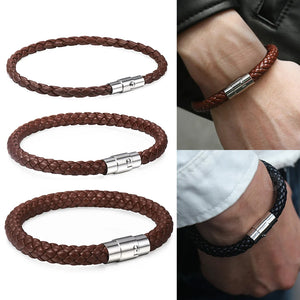 Men's Leather Bracelet Brown Braided Stainless Steel Clasp Gift