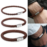 Men's Leather Bracelet Brown Braided Stainless Steel Clasp Gift