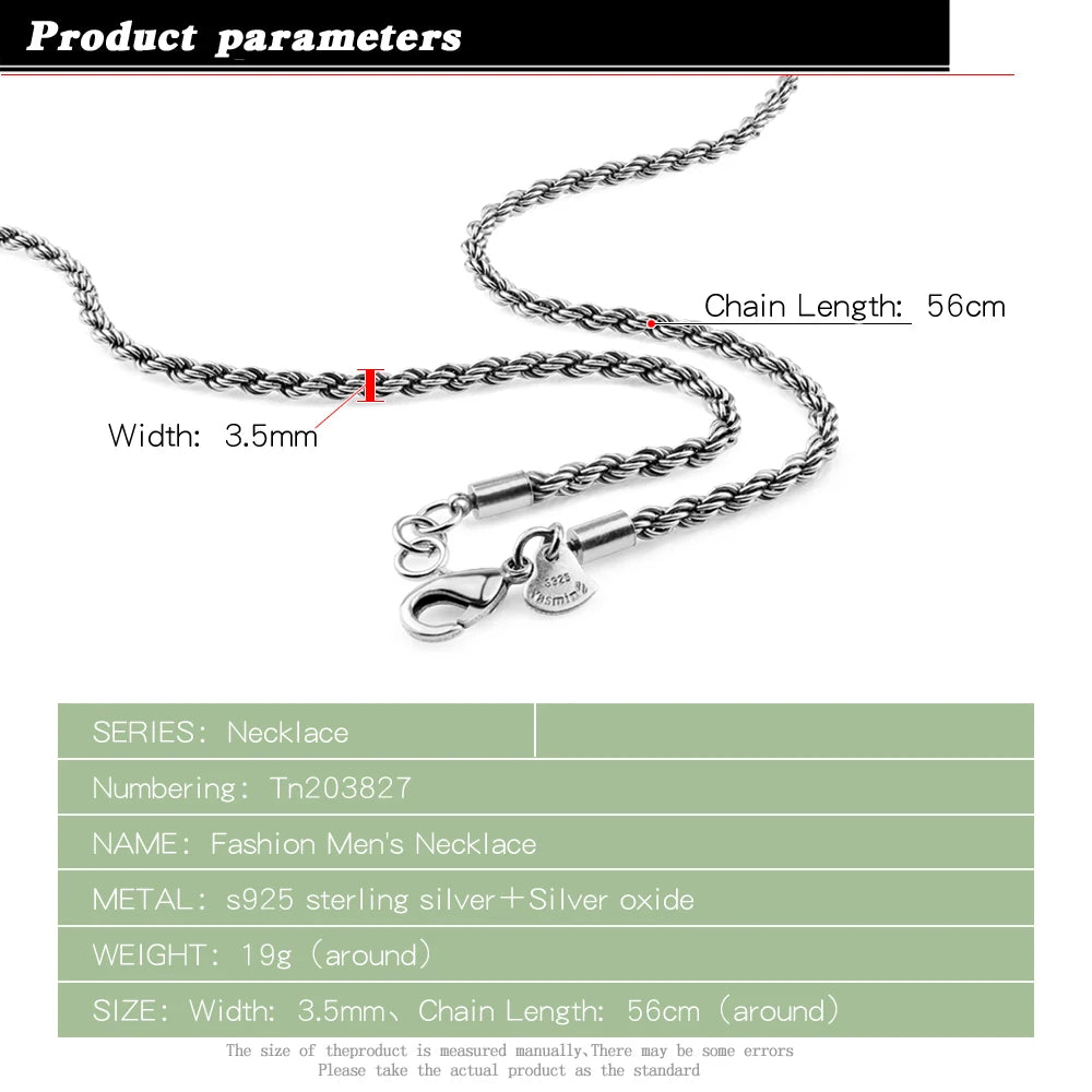 Men's 925 Sterling Silver Necklace 3.5MM Twisted Chain