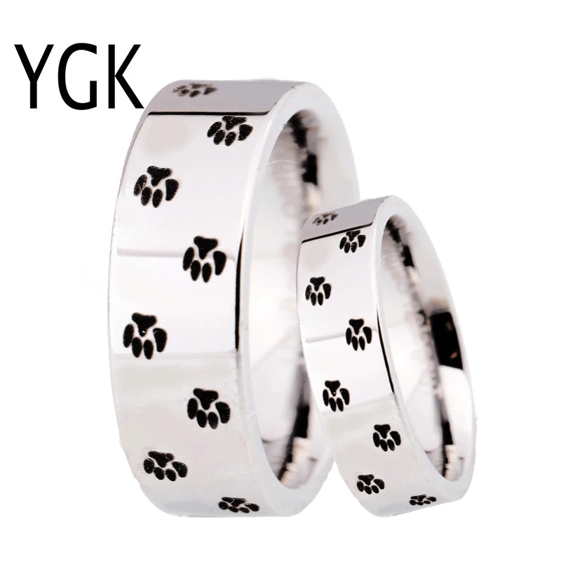 Men's Tungsten Carbide Wedding Ring Women Silver Ring Doggy Paw Print