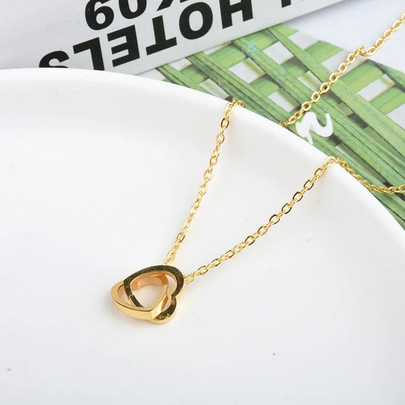 Minimalist Double Heart Pendant Necklace Stainless Steel Gift For Women
