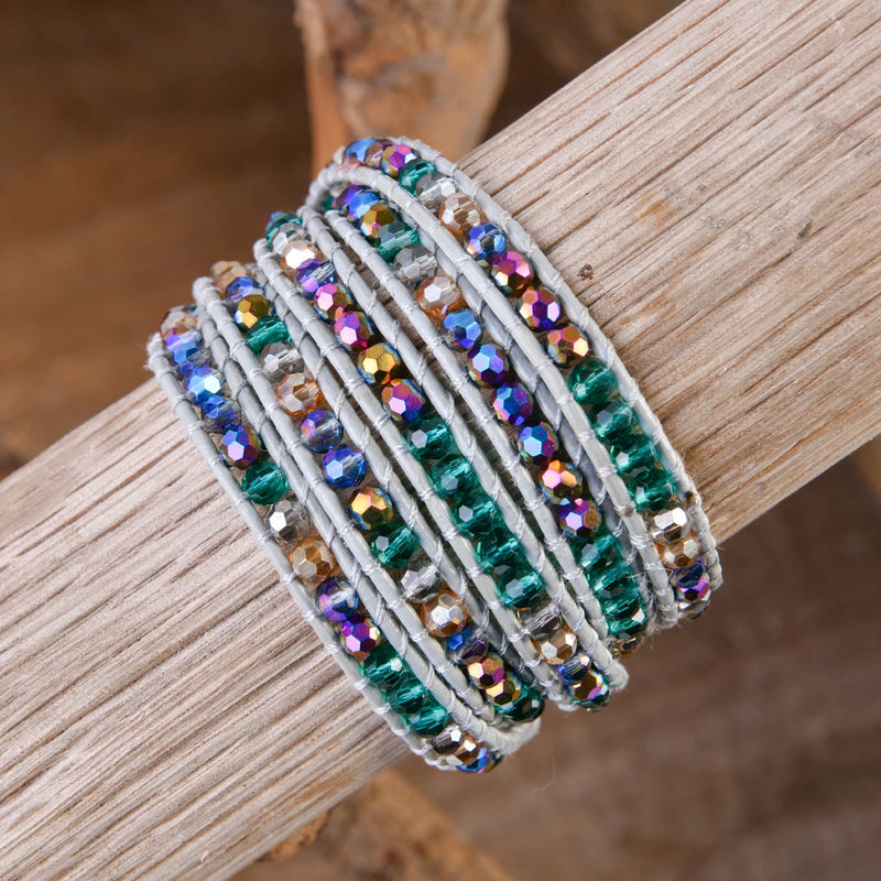Boho Leather 5X Wrap Crystal Bracelet Beaded Jewelry