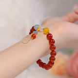 Natural Hotan Jade Gourd Bracelet Chinese Red Beaded Bangles Wedding Jewelry