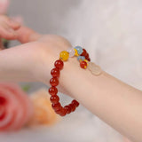 Natural Hotan Jade Gourd Bracelet Chinese Red Beaded Bangles Wedding Jewelry