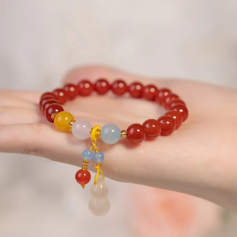 Natural Hotan Jade Gourd Bracelet Chinese Red Beaded Bangles Wedding Jewelry