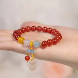 Natural Hotan Jade Gourd Bracelet Chinese Red Beaded Bangles Wedding Jewelry