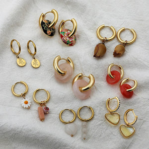 Natural Stone Circle Pendants Hoop Earrings for Women Stainless Steel