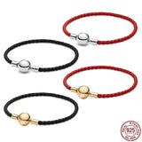 925 Silver Red Woven Leather Bracelet Charm Beads DIY Gift