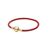 925 Silver Red Woven Leather Bracelet Charm Beads DIY Gift