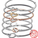 925 Sterling Silver Logo T-Bar Snake Chain Heart Closure Bracelet