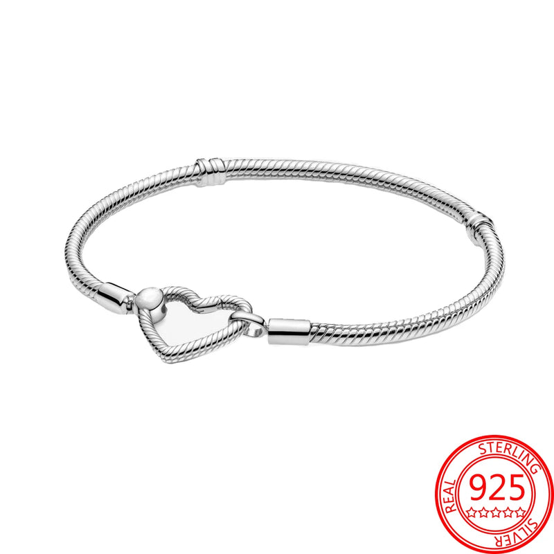 925 Sterling Silver Logo T-Bar Snake Chain Heart Closure Bracelet