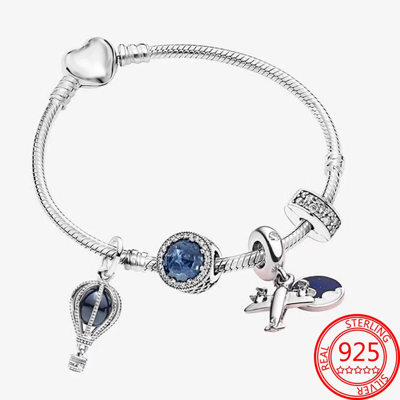Sterling Silver Hot Air Balloon Travel Plane Charms Bracelet Jewelry