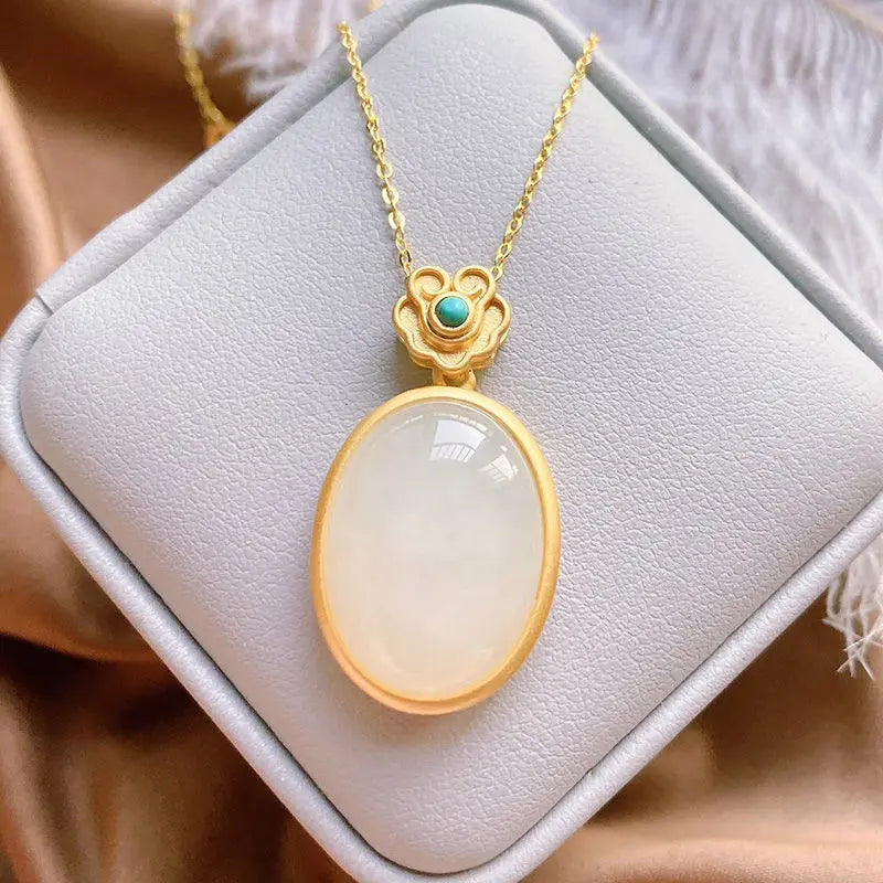 Chinoiserie Sterling Silver Gilding Jade Pendant Clavicle Chain