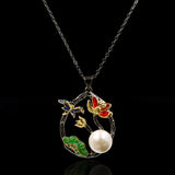 Peony Flower Dragonfly Enamel Pendant Necklace Pearl Sweater Chain