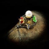 Peony Flower Dragonfly Enamel Pendant Necklace Pearl Sweater Chain