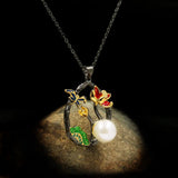 Peony Flower Dragonfly Enamel Pendant Necklace Pearl Sweater Chain