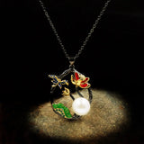 Peony Flower Dragonfly Enamel Pendant Necklace Pearl Sweater Chain