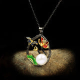 Peony Flower Dragonfly Enamel Pendant Necklace Pearl Sweater Chain