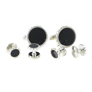 Classic Pyramid Frame Round Enamel Formal Wear Cuff Links And Studs Set