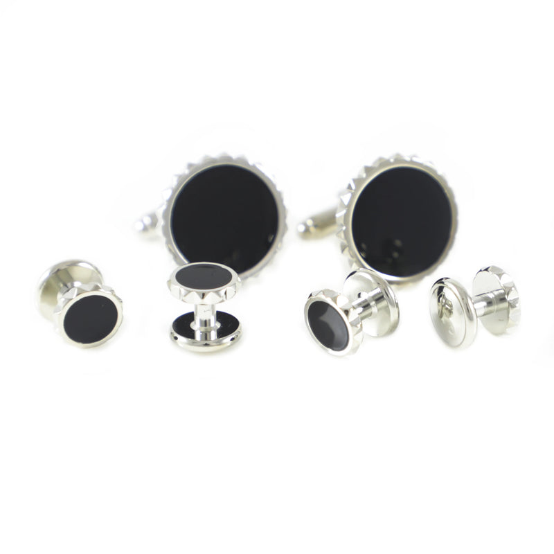 Classic Pyramid Frame Round Enamel Formal Wear Cuff Links And Studs Set