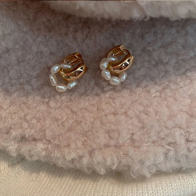 Pearl Beaded Hoop Earrings Double Circle Pendant Party Jewelry Gift