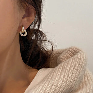 Pearl Beaded Hoop Earrings Double Circle Pendant Party Jewelry Gift
