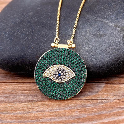 Round CZ Evil Eye Pendant Green/Purple Necklace Chain Gift