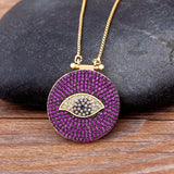 Round CZ Evil Eye Pendant Green/Purple Necklace Chain Gift