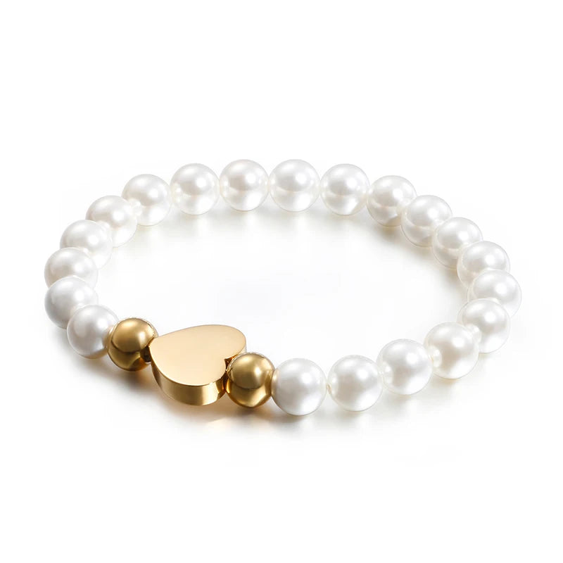 Round Shell Pearl Bracelet with Heart Charm for Women
