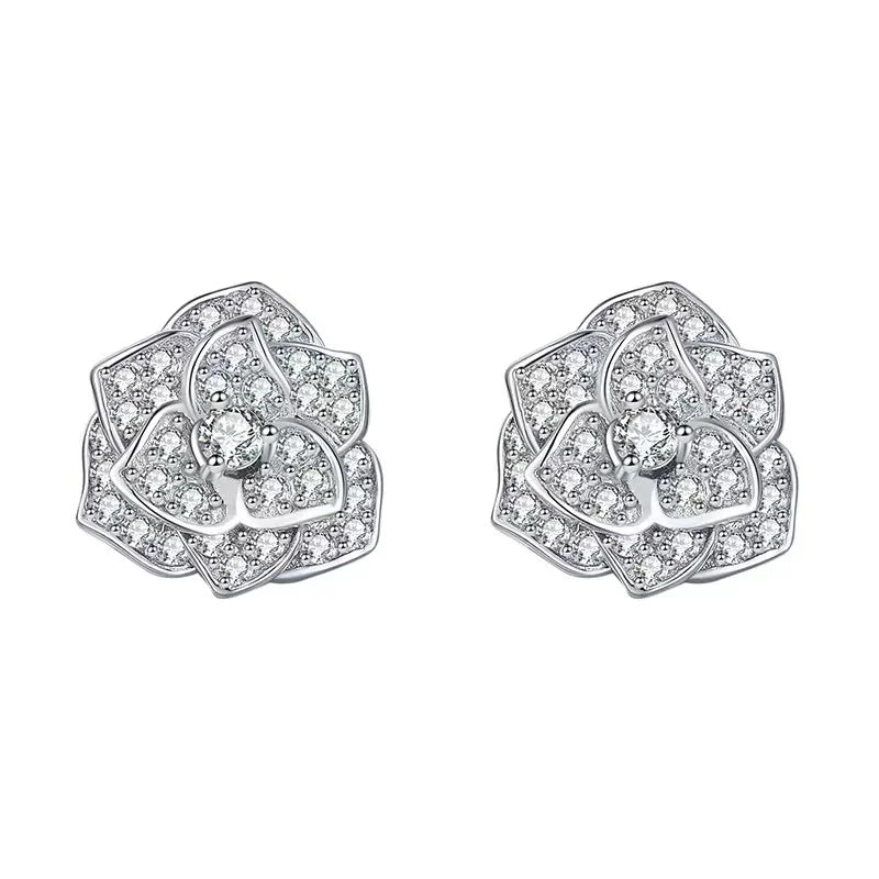 S925 Silver Moissanite Flower Stud Earrings 0.2ct Camellia Ear Studs