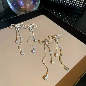 Rhinestone Crystal Bow Tassel Earrings Party Ear Accessories