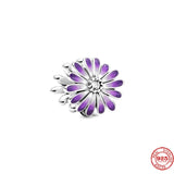 Silver 925 Purple Pink Daisy Flower Charm Beads Bracelet DIY Gift Women