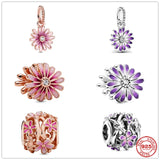 Silver 925 Purple Pink Daisy Flower Charm Beads Bracelet DIY Gift Women
