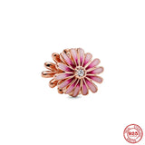 Silver 925 Purple Pink Daisy Flower Charm Beads Bracelet DIY Gift Women