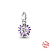 Silver 925 Purple Pink Daisy Flower Charm Beads Bracelet DIY Gift Women