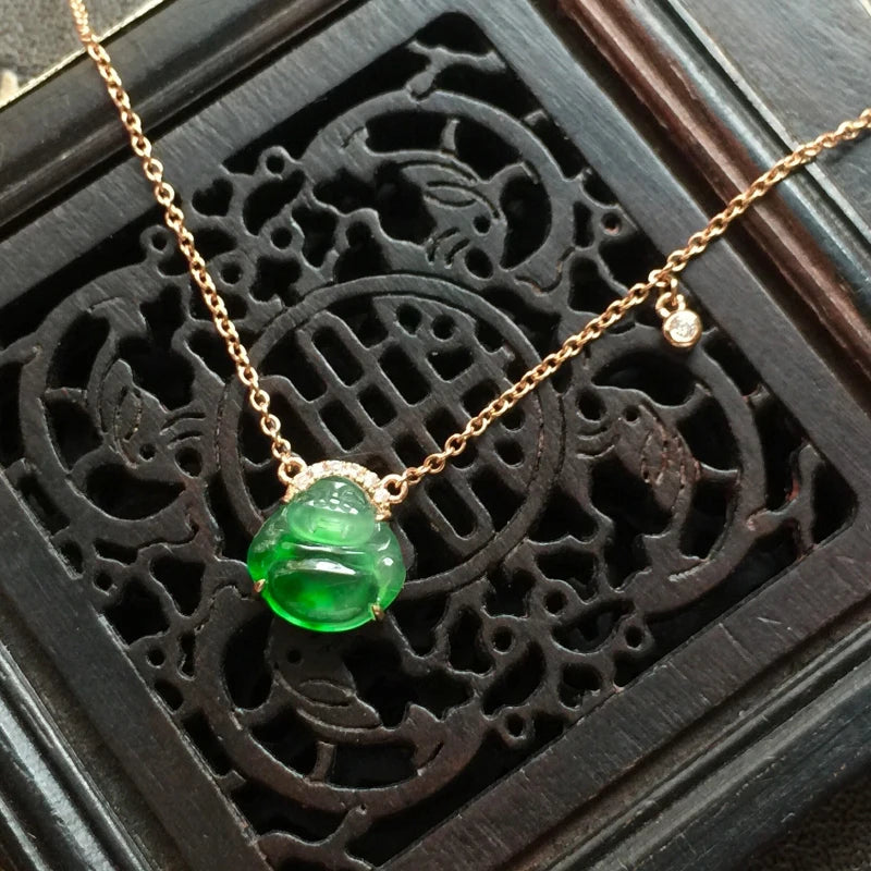 Silver Inlaid Hetian Jade Laughing Buddha Pendant Necklace