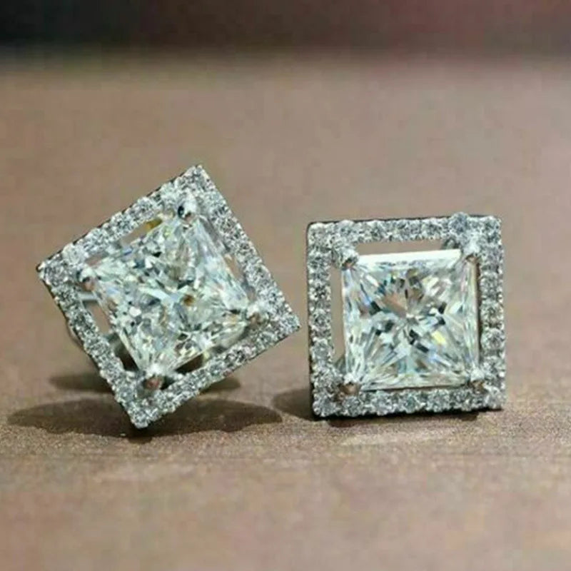 Classic Square CZ 925 Silver Stud Earrings CZ Crystal Women Men Party Brincos